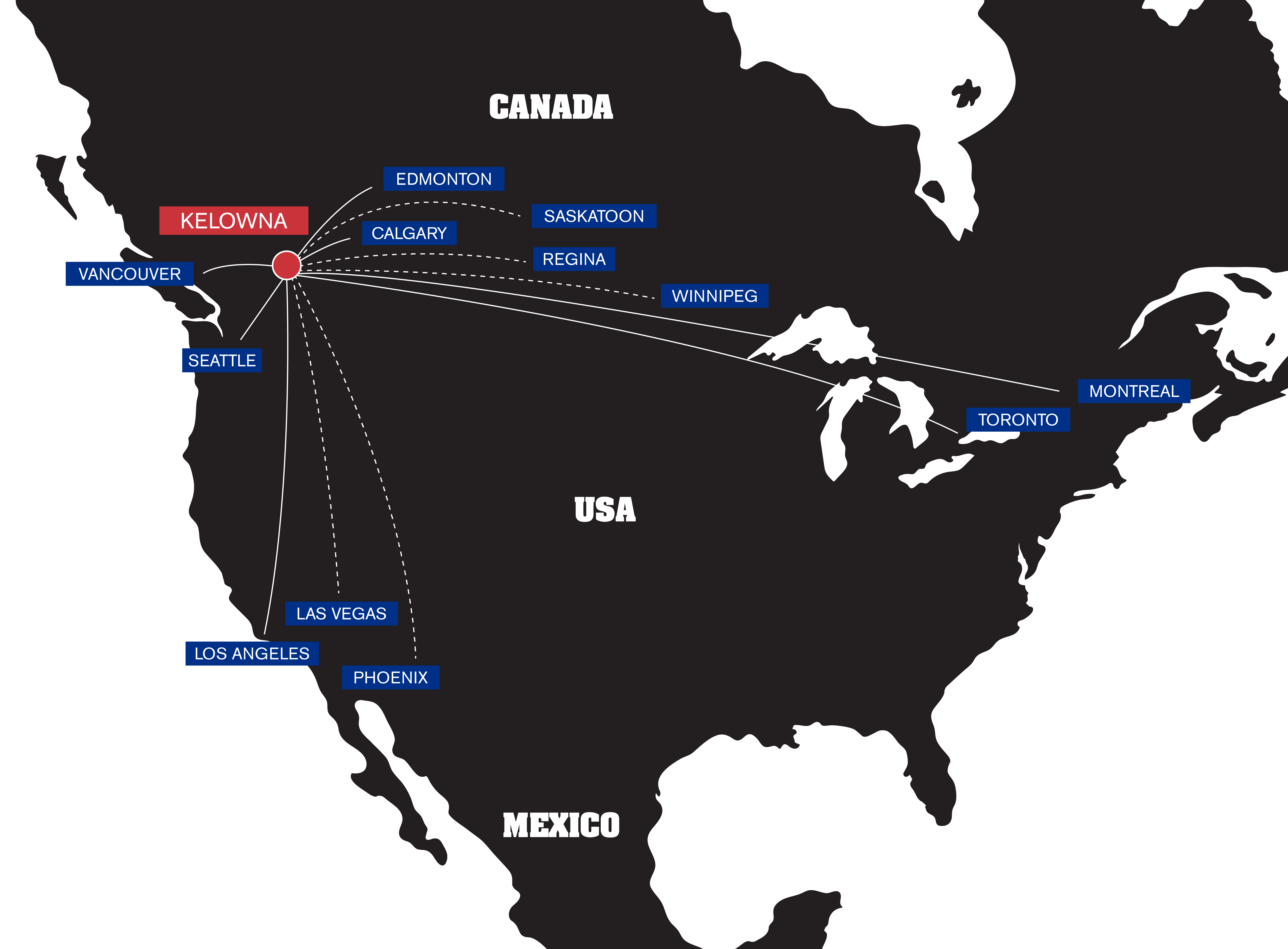 map showing flights from the US and Canada to Kelowna